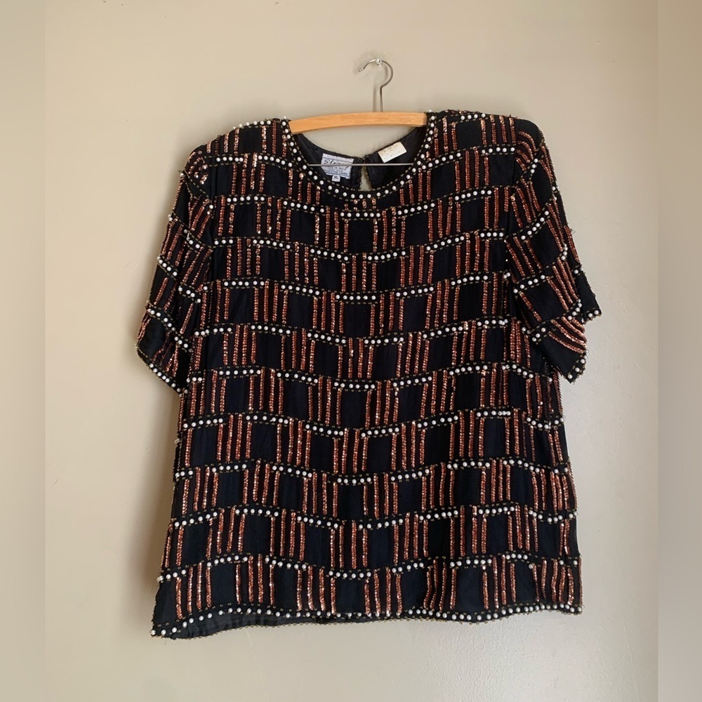 Vintage Stenay Silk Beaded sequins Blouse XLarge top shirt evening